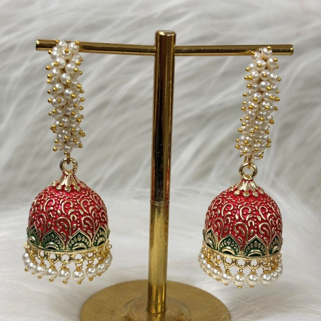 Handcrafted Red Enamel Gold-Plated Jhumkis with Semi-Cultured Pearls