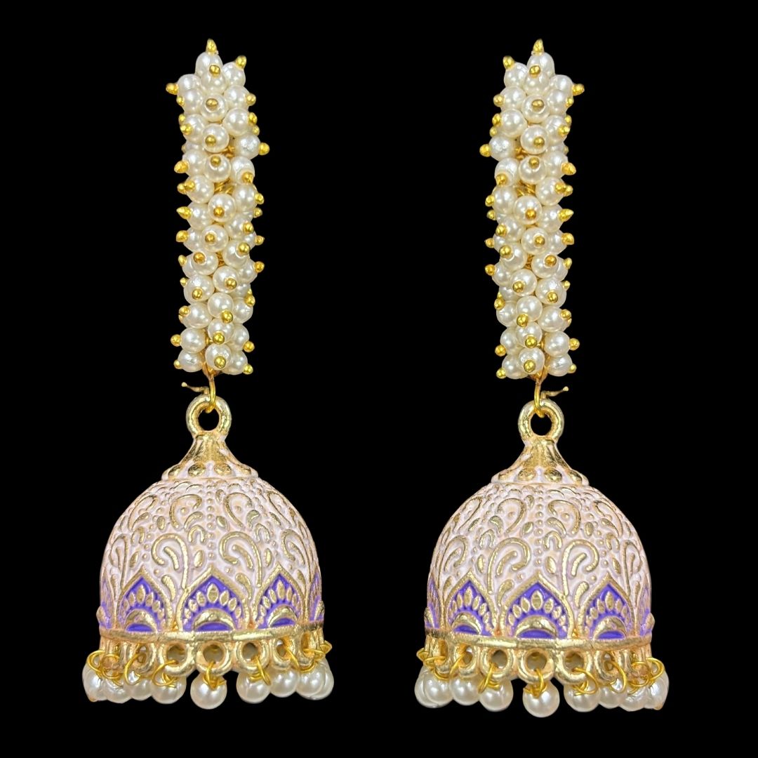 Elegant White Enamel Gold-Plated Jhumki Earrings with Pearl Detailing