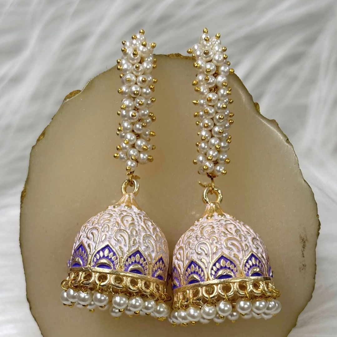Elegant White Enamel Gold-Plated Jhumki Earrings with Pearl Detailing