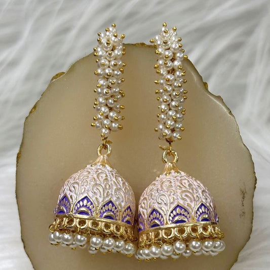 Elegant White Enamel Gold-Plated Jhumki Earrings with Pearl Detailing
