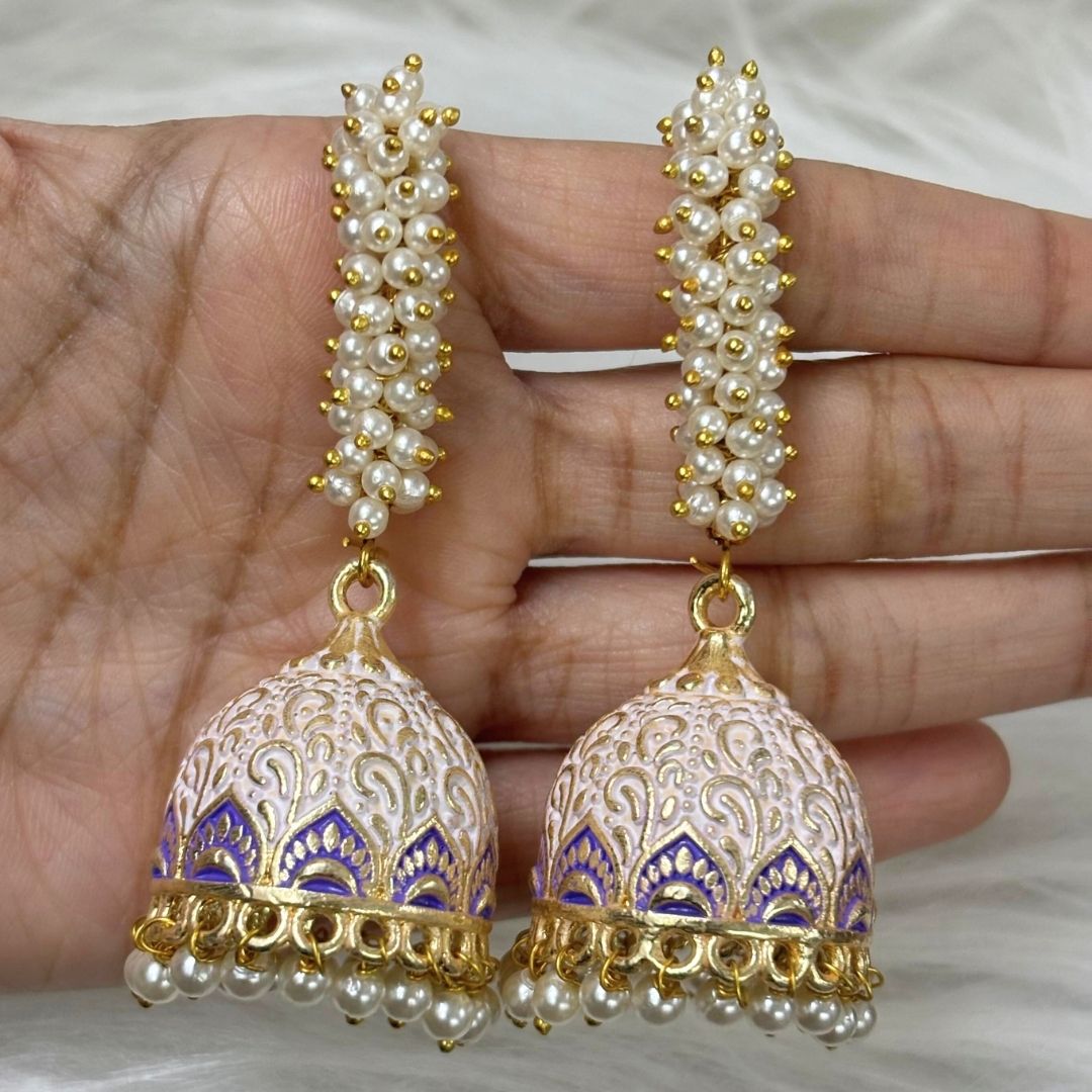 Elegant White Enamel Gold-Plated Jhumki Earrings with Pearl Detailing