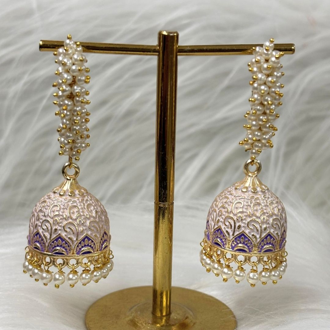 Elegant White Enamel Gold-Plated Jhumki Earrings with Pearl Detailing