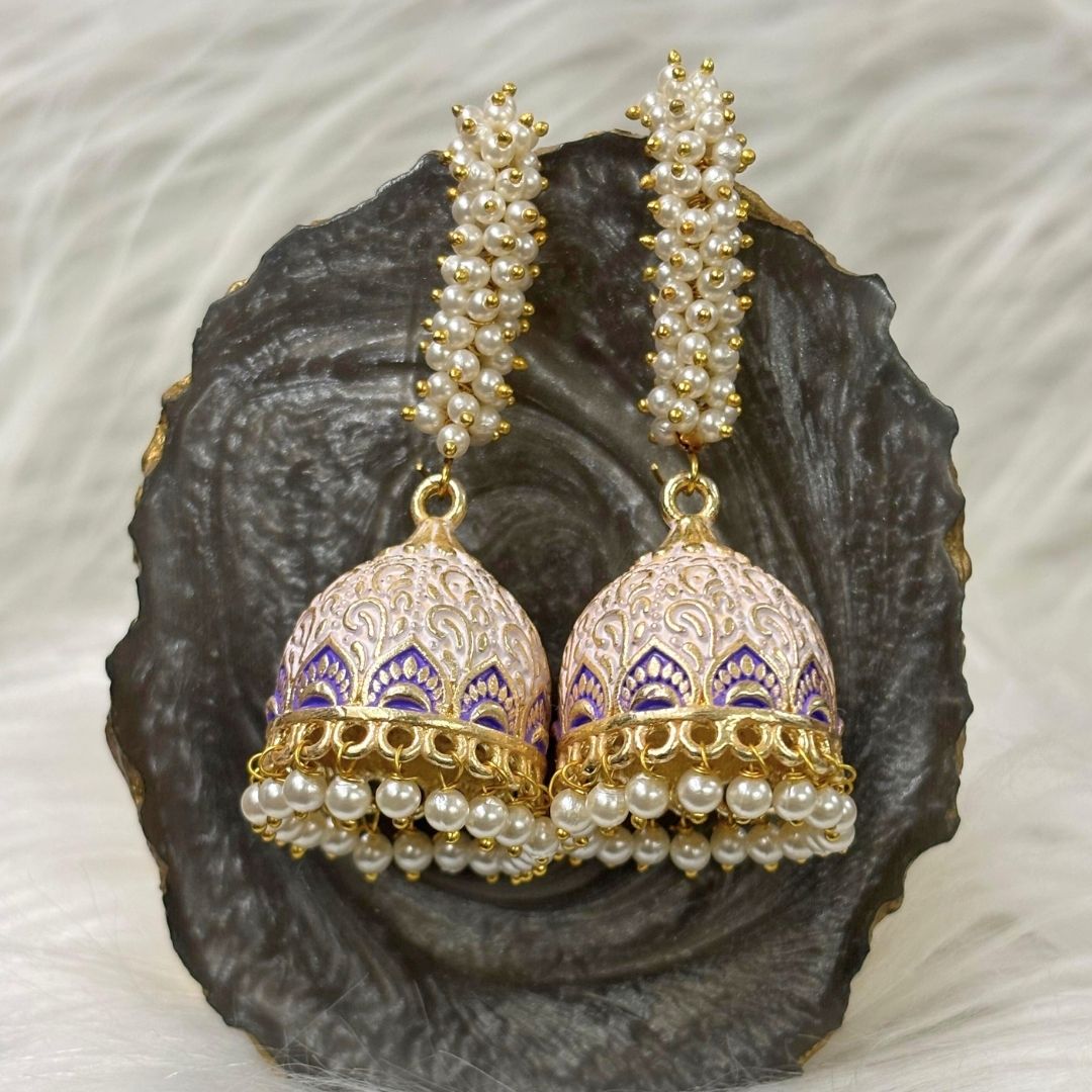 Elegant White Enamel Gold-Plated Jhumki Earrings with Pearl Detailing