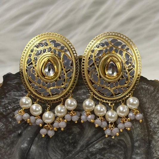 High-Quality Gold-Plated Studs with Grey Enamel & Semi-Cultured Pearls