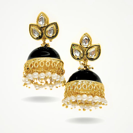 Bdiva 18K Gold Plated Kundan Black Enamelled Earrings with Semi Cultured Pearls.