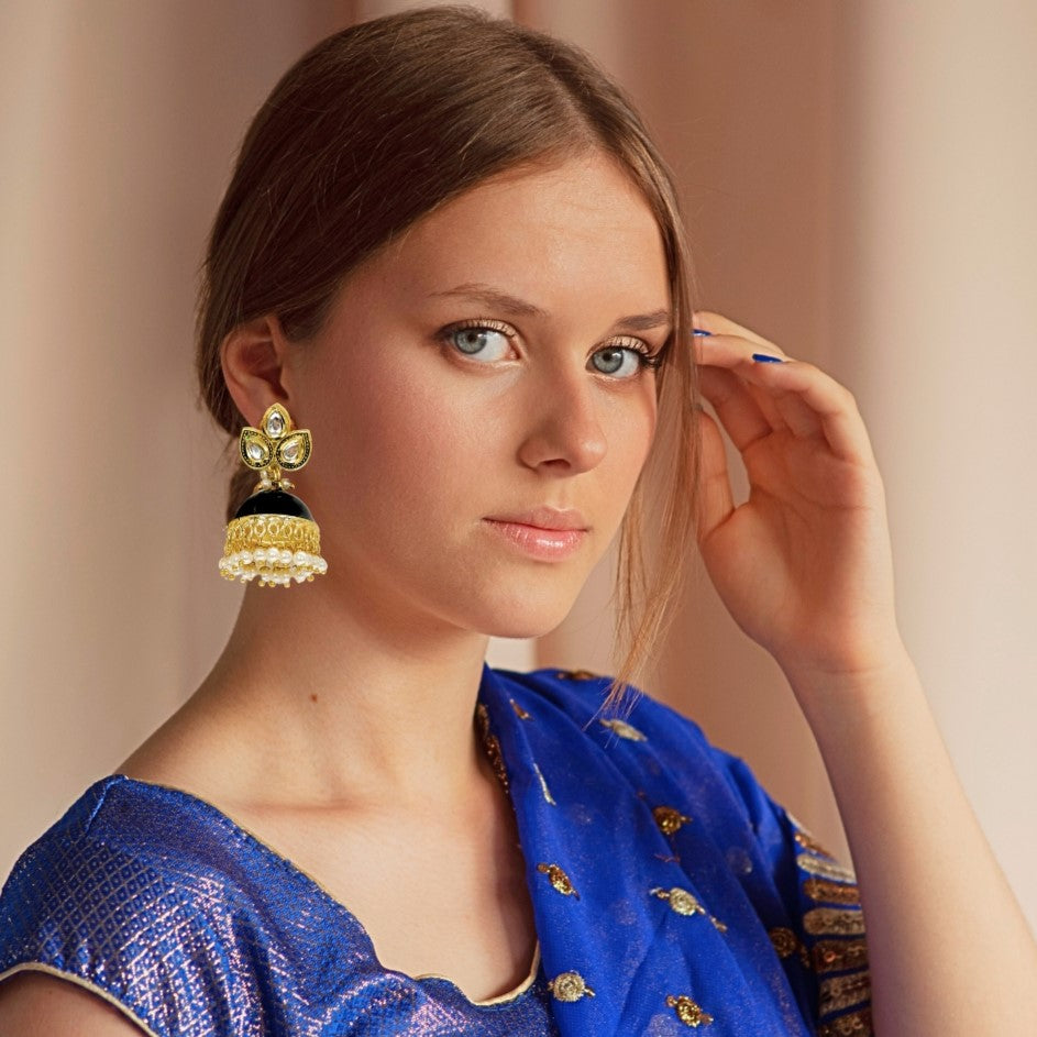 Bdiva 18K Gold Plated Kundan Black Enamelled Earrings with Semi Cultured Pearls.