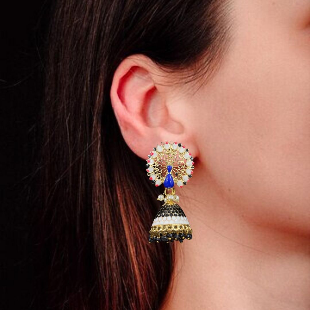 Bdiva 18K Gold Plated Meeankari Peacock Earrings with Semi Cultured Pearls.