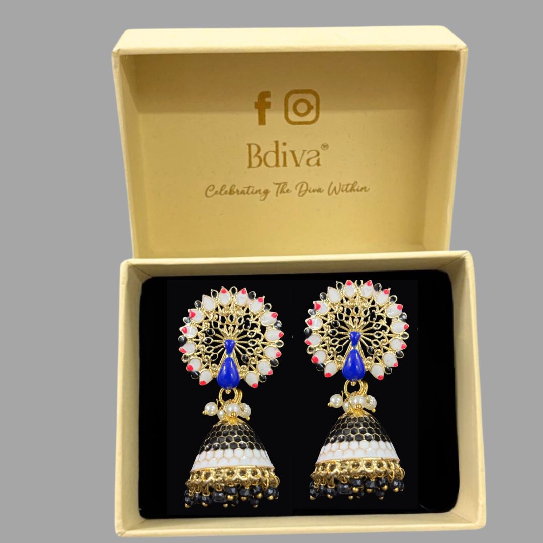 Bdiva 18K Gold Plated Meeankari Peacock Earrings with Semi Cultured Pearls.