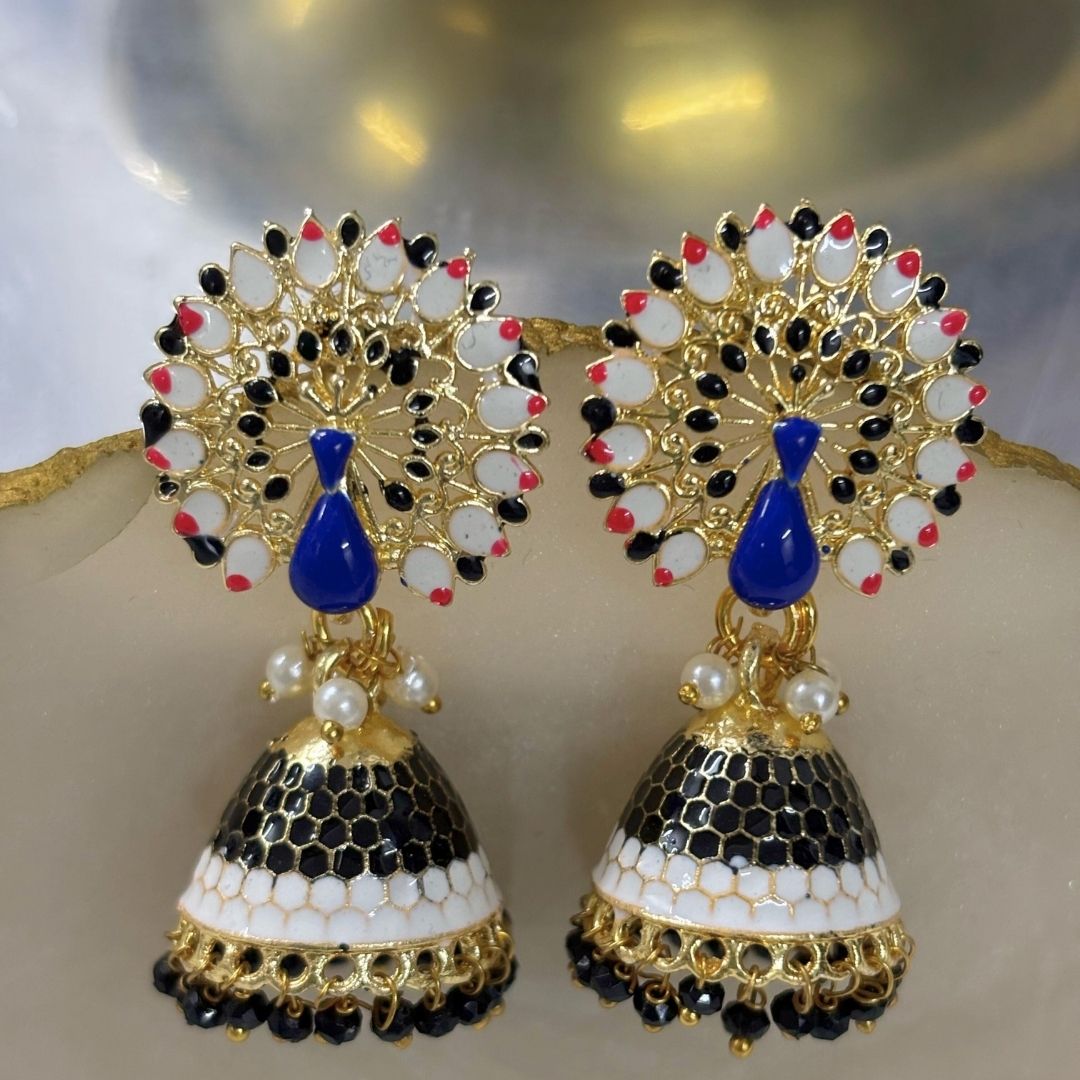 Bdiva 18K Gold Plated Meeankari Peacock Earrings with Semi Cultured Pearls.
