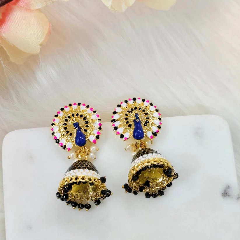 Bdiva 18K Gold Plated Meeankari Peacock Earrings with Semi Cultured Pearls.