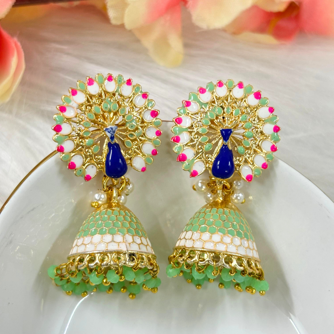 BDiva 18k Gold Plated Regal Fusion of Tradition and Modern Elegance Royal Peacock Jhumka Earrings