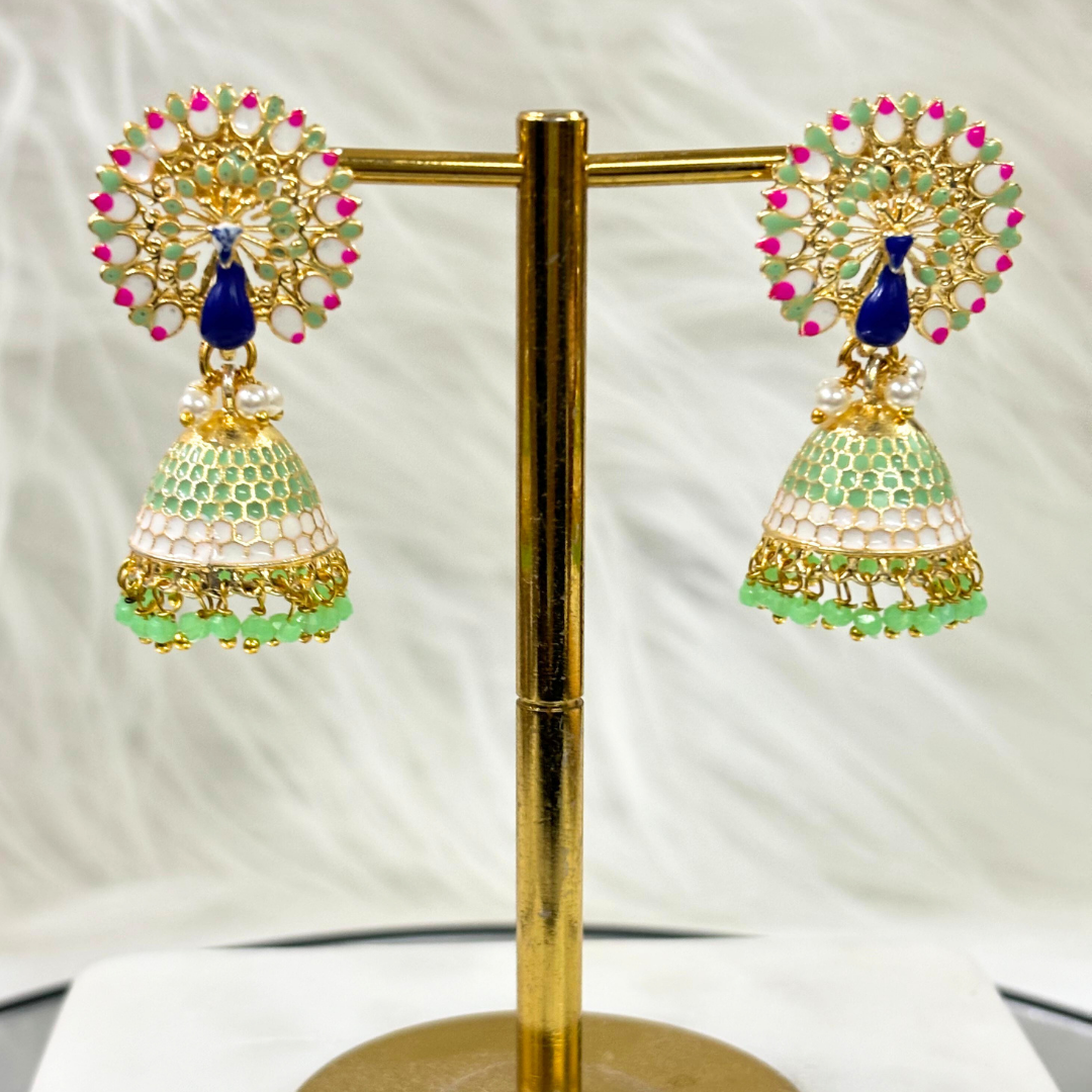 BDiva 18k Gold Plated Regal Fusion of Tradition and Modern Elegance Royal Peacock Jhumka Earrings