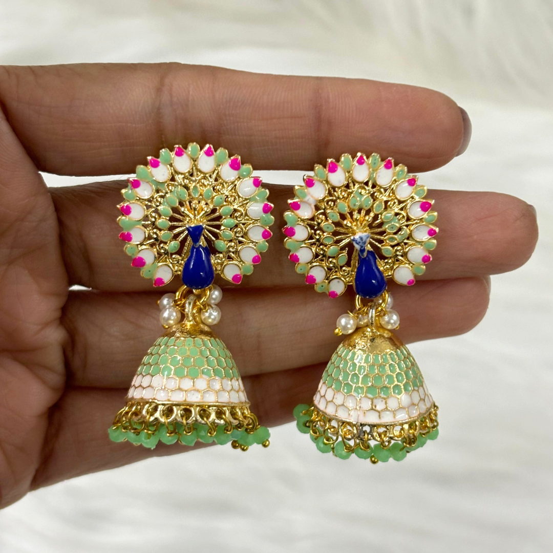 BDiva 18k Gold Plated Regal Fusion of Tradition and Modern Elegance Royal Peacock Jhumka Earrings