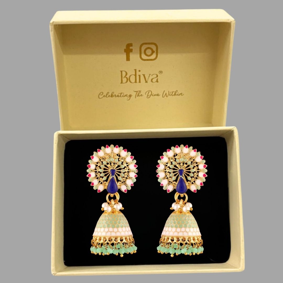 BDiva 18k Gold Plated Regal Fusion of Tradition and Modern Elegance Royal Peacock Jhumka Earrings