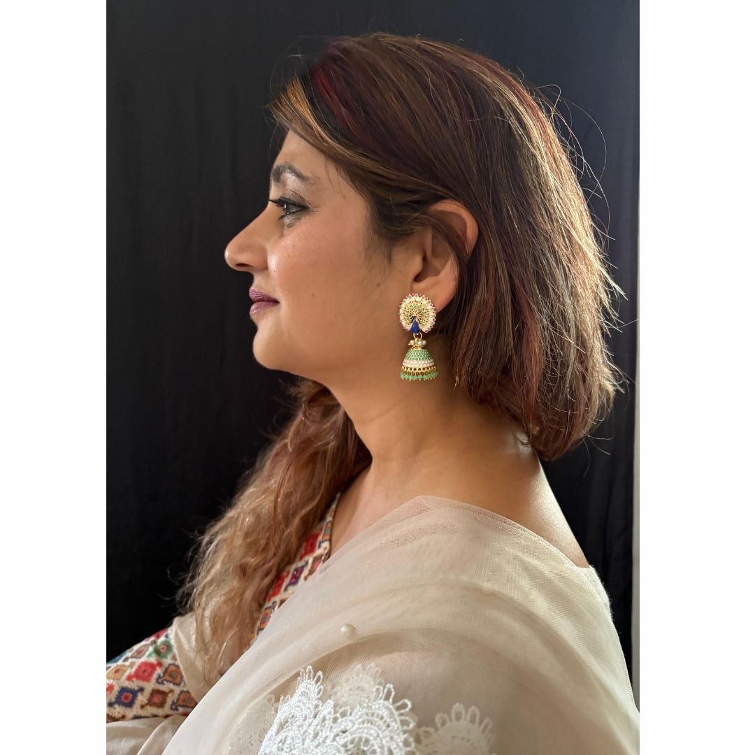 BDiva 18k Gold Plated Regal Fusion of Tradition and Modern Elegance Royal Peacock Jhumka Earrings