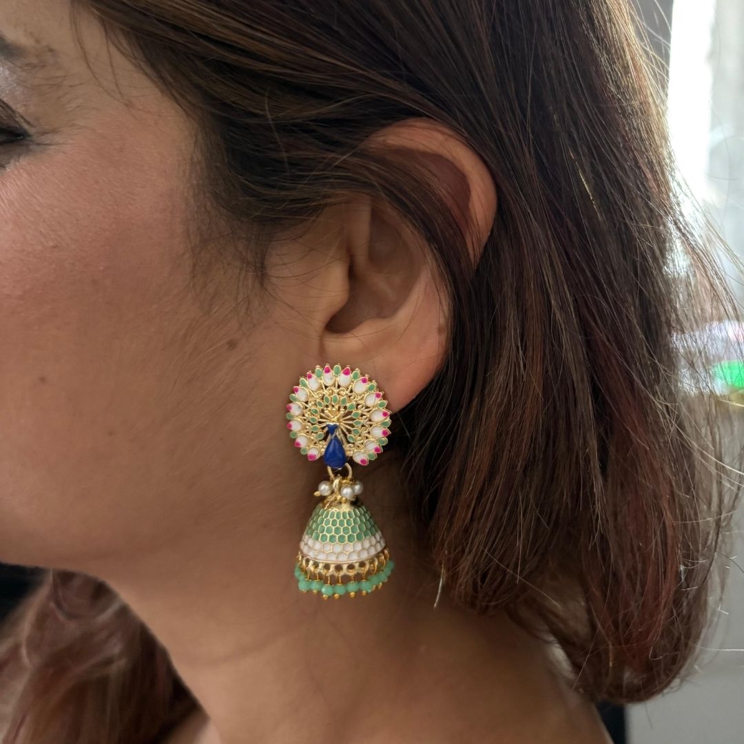 BDiva 18k Gold Plated Regal Fusion of Tradition and Modern Elegance Royal Peacock Jhumka Earrings