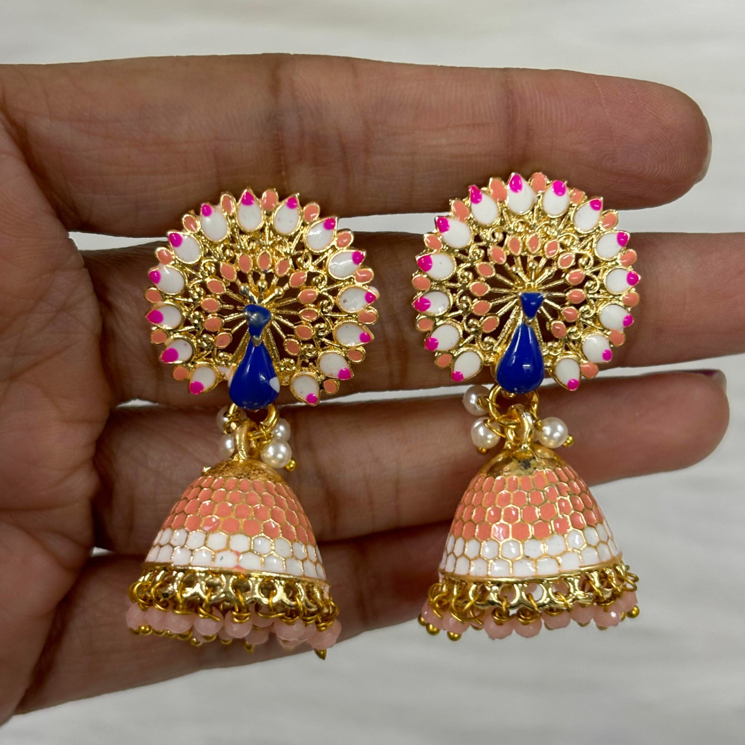 BDiva 18k Gold Plated Graceful Fusion of Pastel Hues Earrings Blush Peach Peacock Jhumka