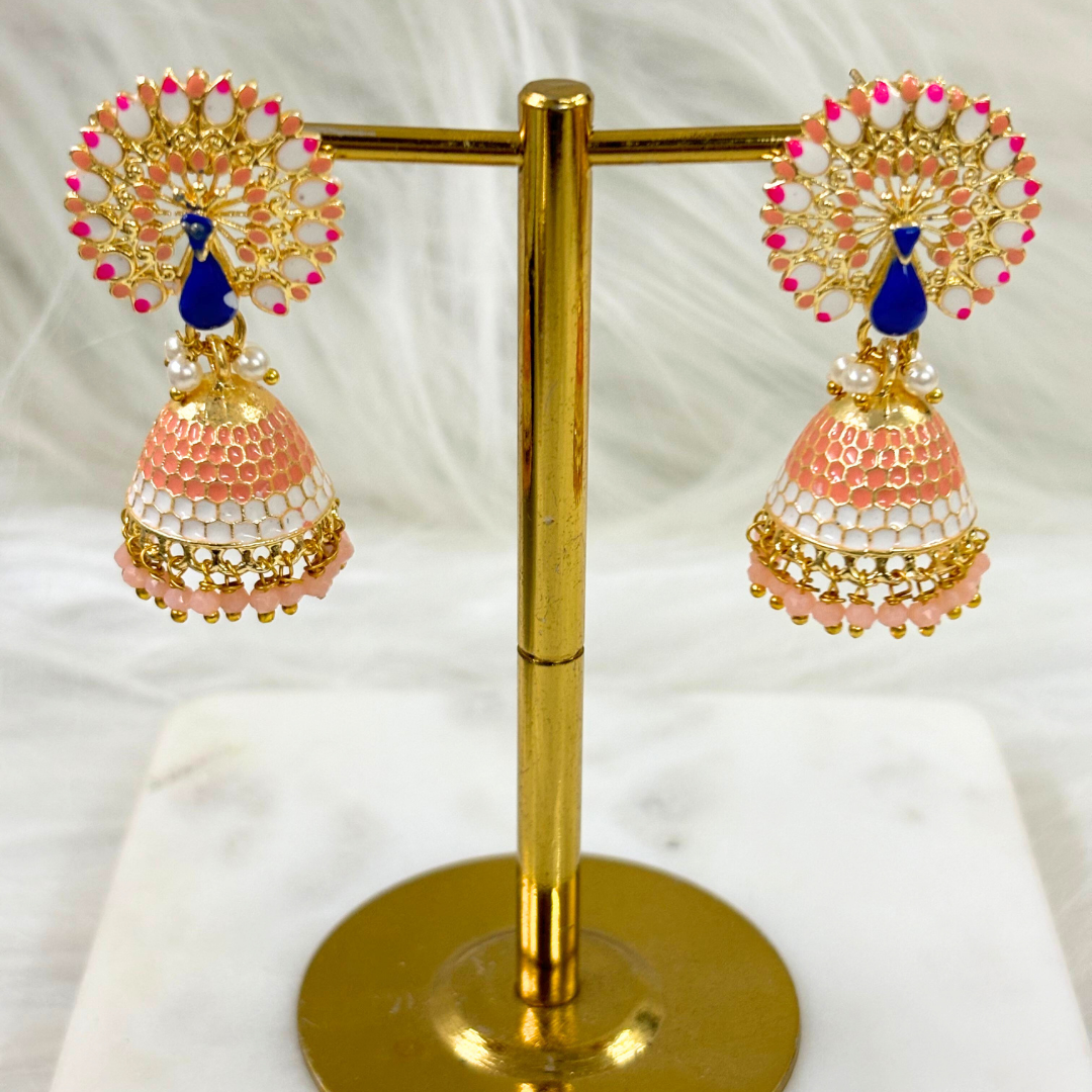 BDiva 18k Gold Plated Graceful Fusion of Pastel Hues Earrings Blush Peach Peacock Jhumka