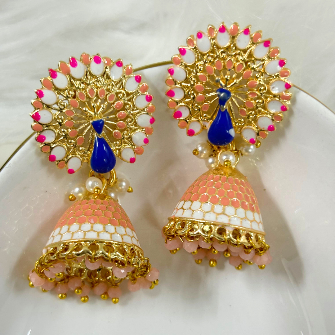 BDiva 18k Gold Plated Graceful Fusion of Pastel Hues Earrings Blush Peach Peacock Jhumka