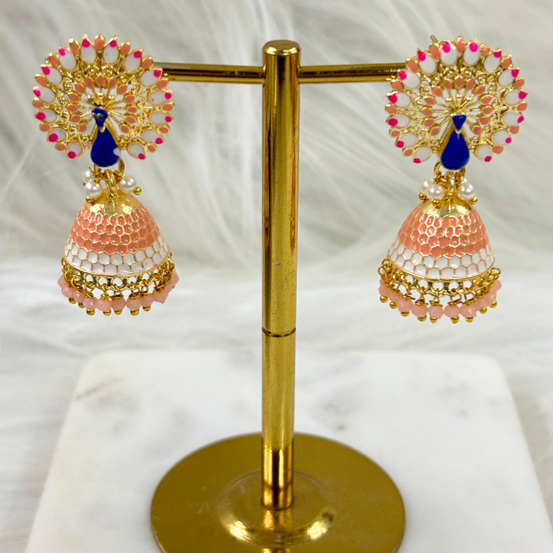 BDiva 18k Gold Plated Graceful Fusion of Pastel Hues Earrings Blush Peach Peacock Jhumka