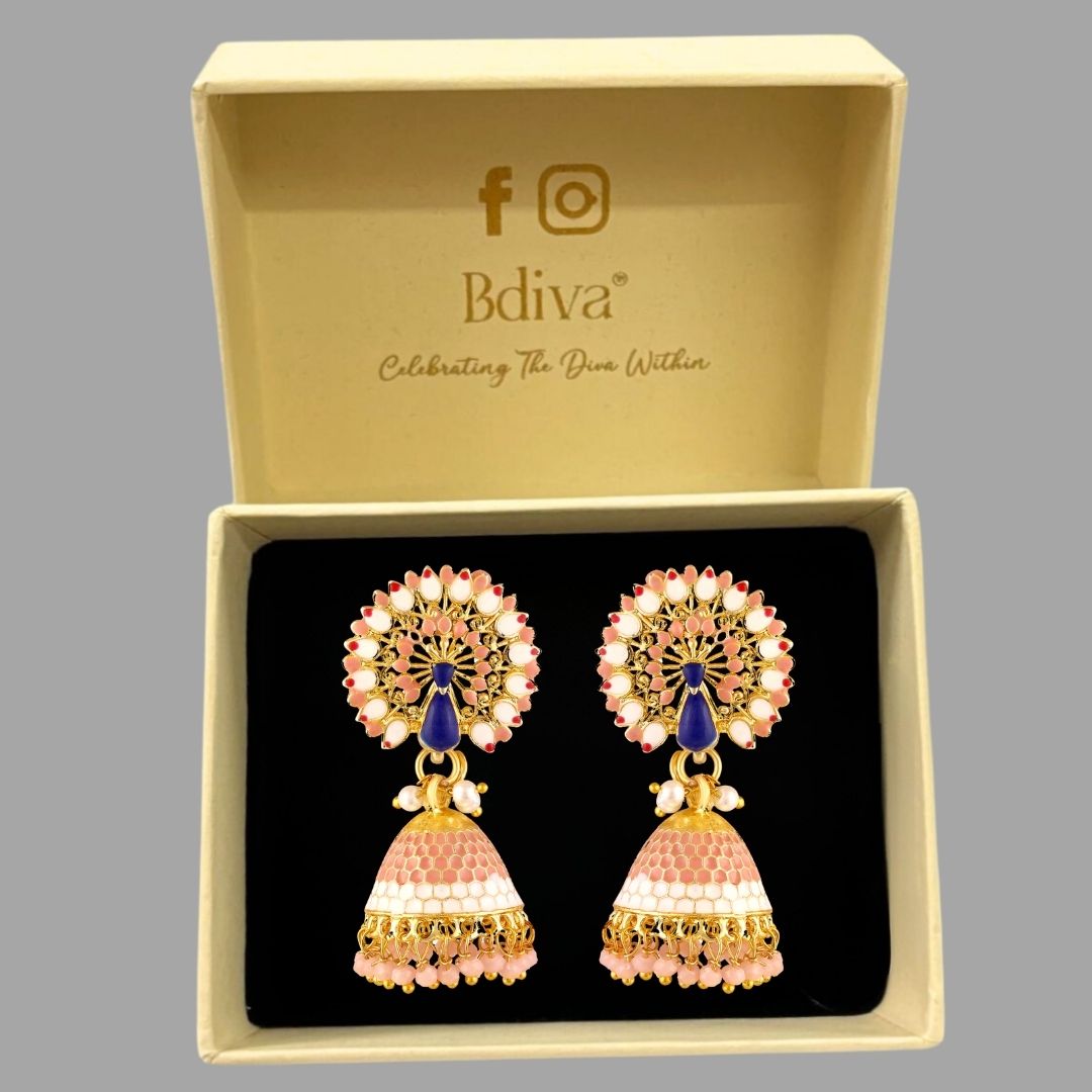 BDiva 18k Gold Plated Graceful Fusion of Pastel Hues Earrings Blush Peach Peacock Jhumka