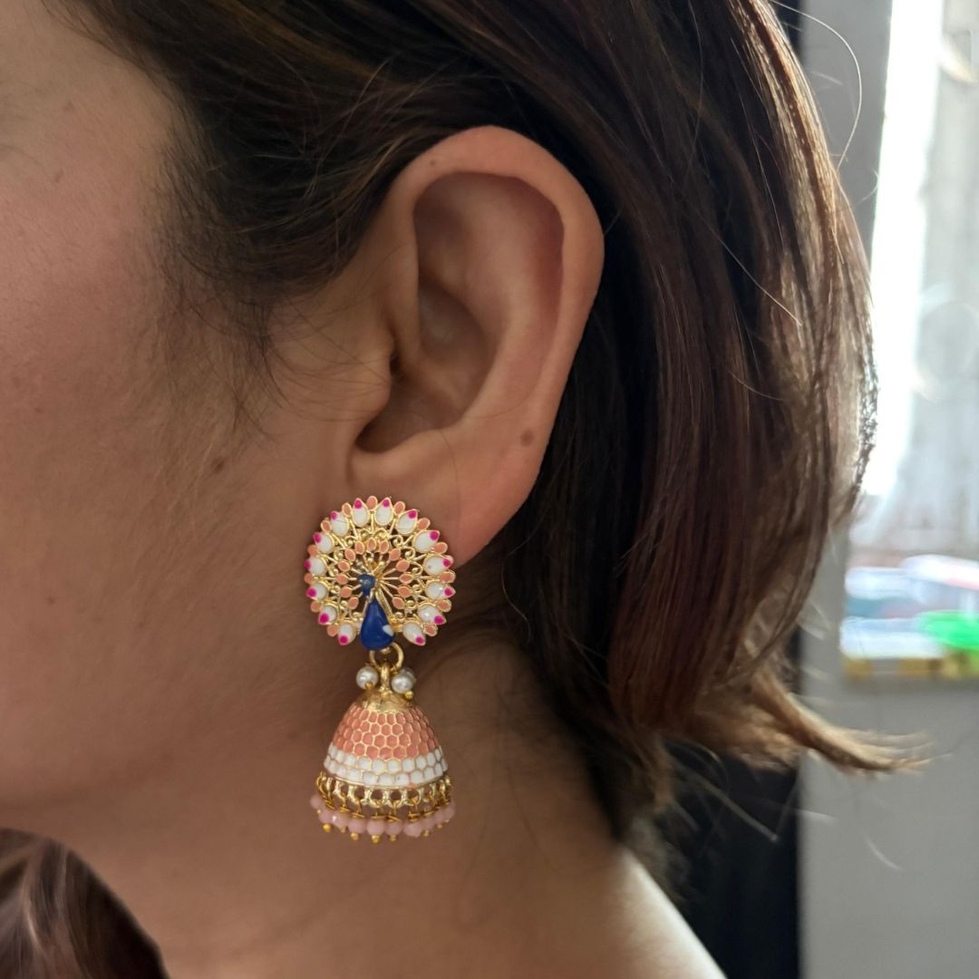 BDiva 18k Gold Plated Graceful Fusion of Pastel Hues Earrings Blush Peach Peacock Jhumka
