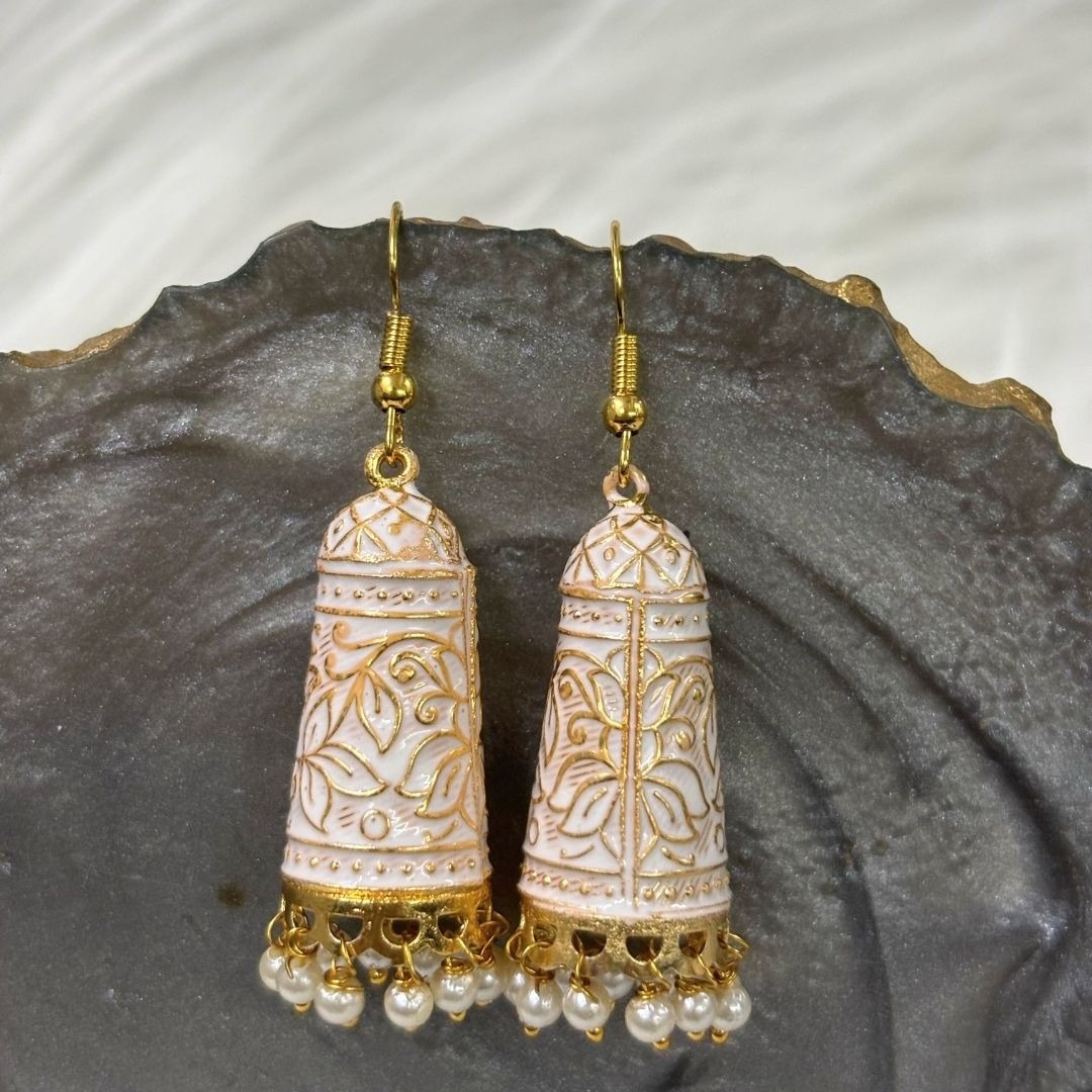 BDiva 18k Gold Plated Ivory Enamel Dome Earrings with An Ethereal Touch of Grace