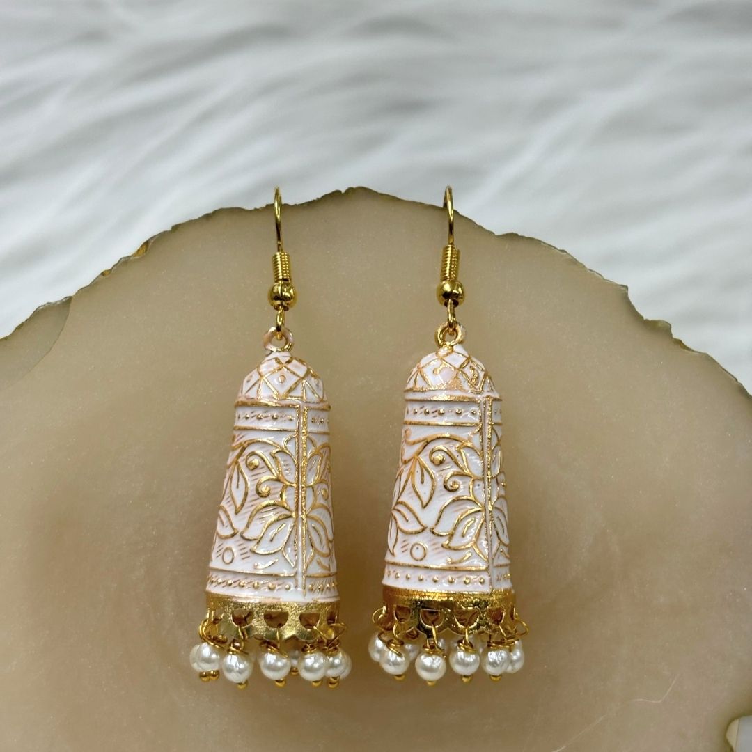 BDiva 18k Gold Plated Ivory Enamel Dome Earrings with An Ethereal Touch of Grace