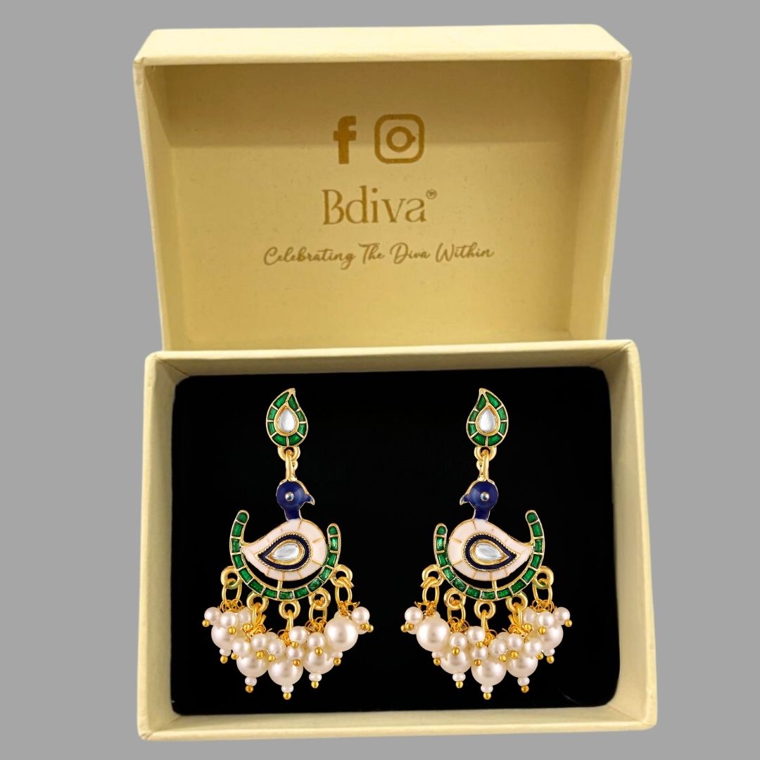 BDiva 18k Gold Plated Regal Peacock Pearl Drop Earrings with a Blend of Tradition and Modern Grace