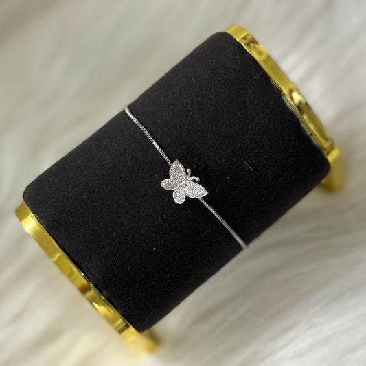 Bdiva Adjustable Rhodium-Plated Butterfly Bracelet with Cubic Zirconia