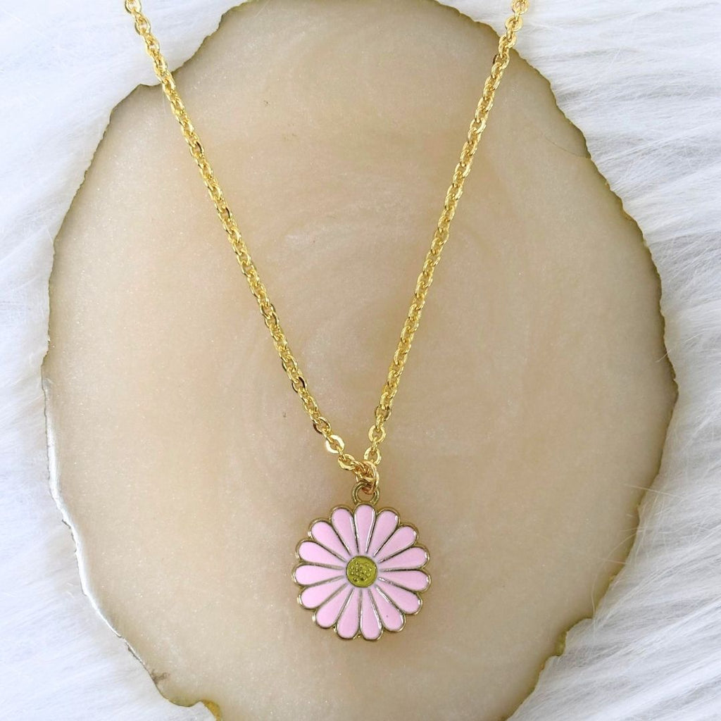 Gold Plated Pink Flower Pendant Necklace