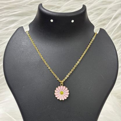 Gold Plated Pink Flower Pendant Necklace
