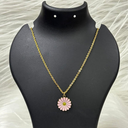Gold Plated Pink Flower Pendant Necklace