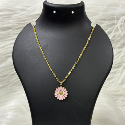 Gold Plated Pink Flower Pendant Necklace