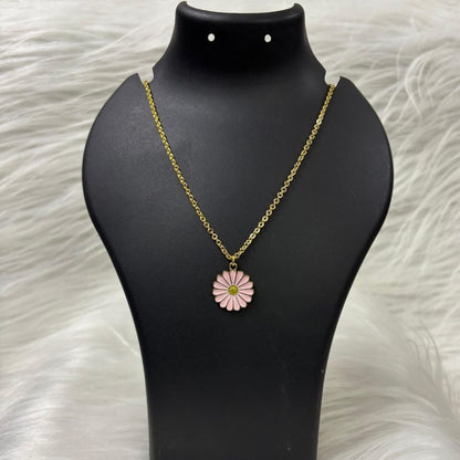 Gold Plated Pink Flower Pendant Necklace