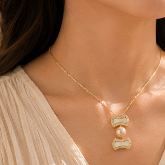 Gold Plated Pearl & Cubic Zirconia Chain Pendant