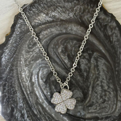 Rhodium Plated Clover Pendant with CZ Stones