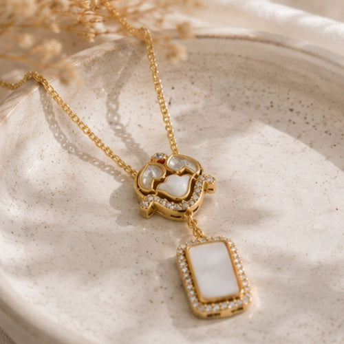 Gold Plated Cubic Zirconia & Mother Of Pearl Chain Pendant