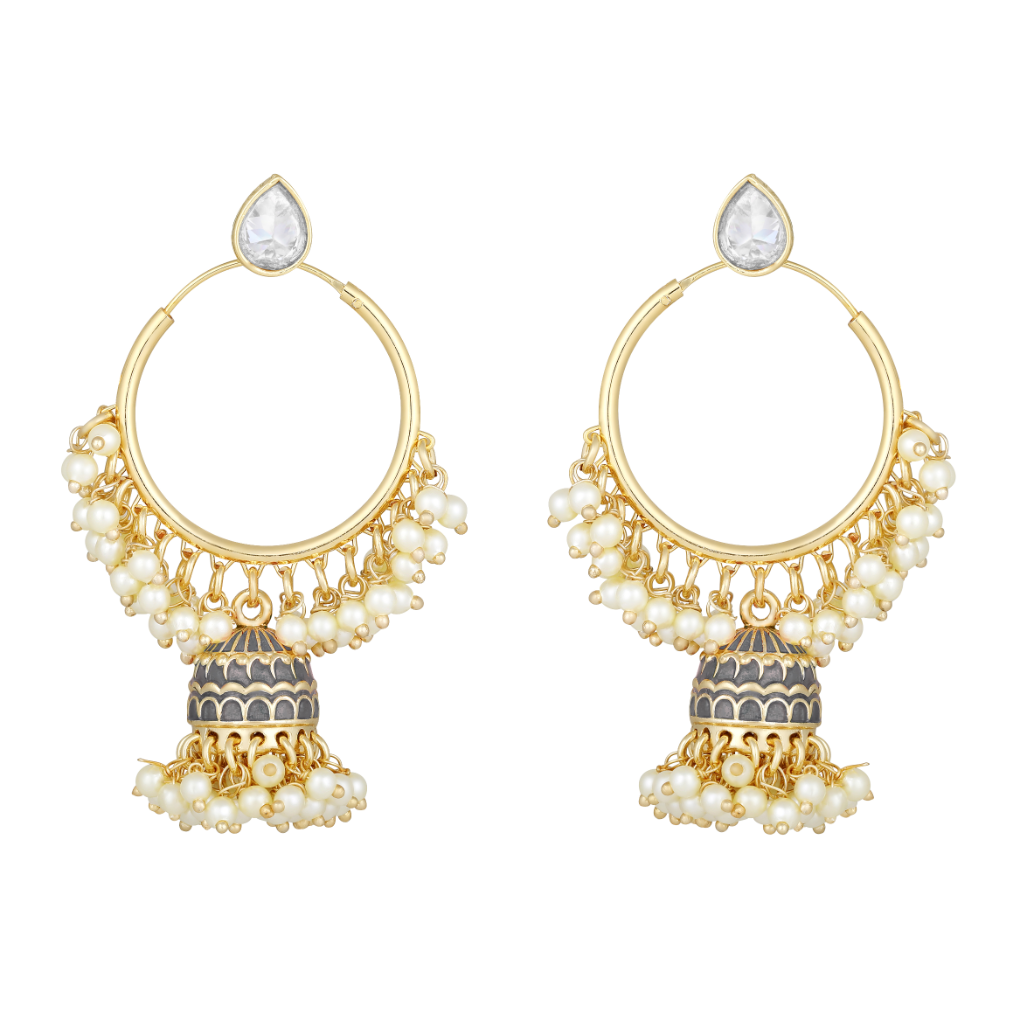 Bdiva 18K Gold Plated Grey Hoops Kundan Meenakari Earrings with Semi Cultured Pearls.