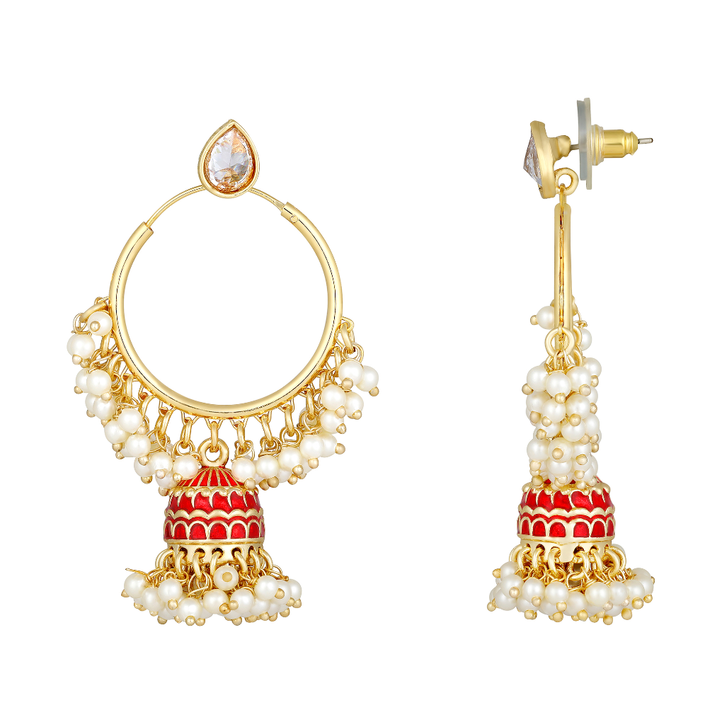 Bdiva 18K Gold Plated Red Hoops Kundan Meenakari Earrings with Semi Cultured Pearls.