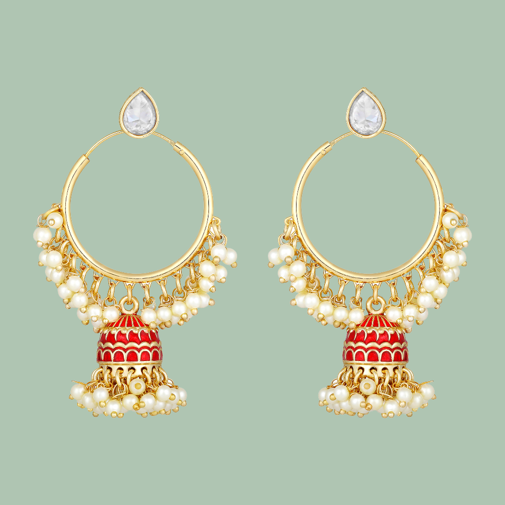 Bdiva 18K Gold Plated Red Hoops Kundan Meenakari Earrings with Semi Cultured Pearls.