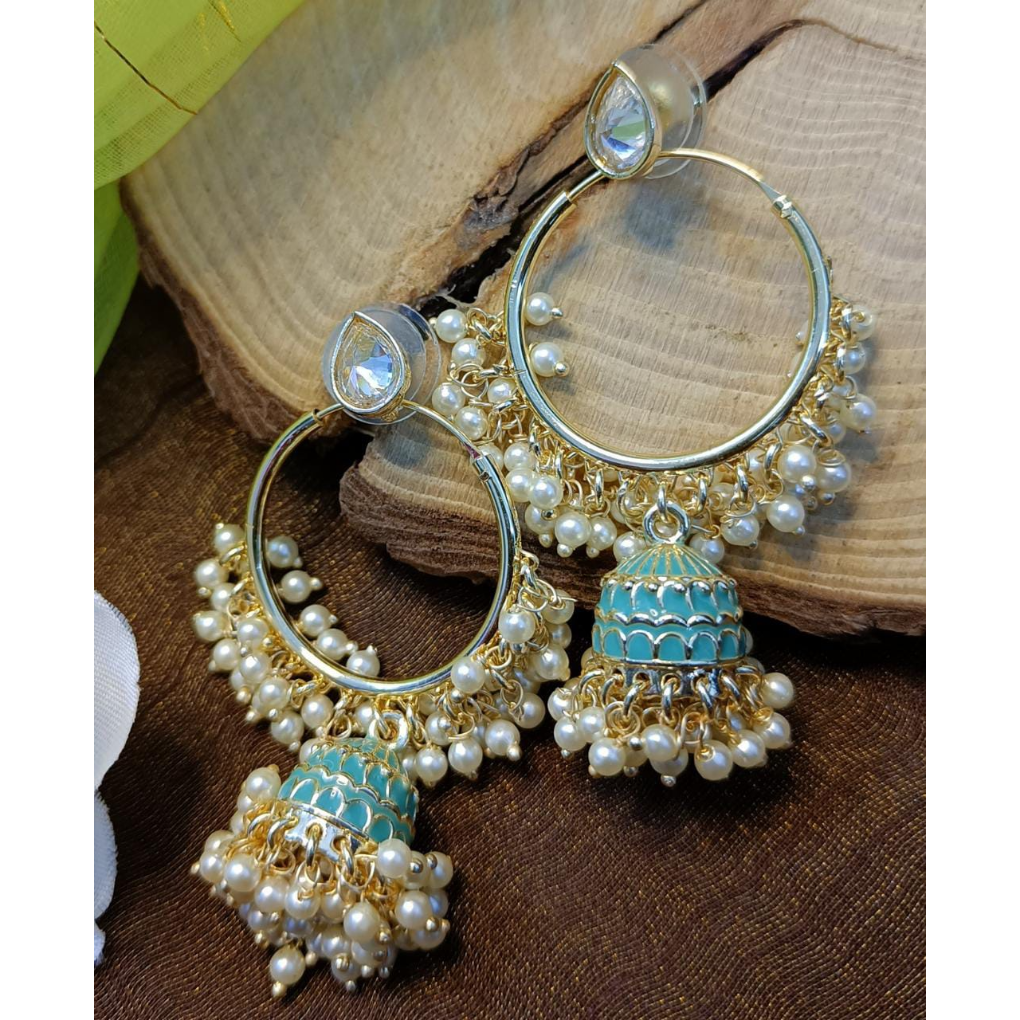 Bdiva 18K Gold Plated Turquoise Hoops Kundan Meenakari Earrings with Semi Cultured Pearls.