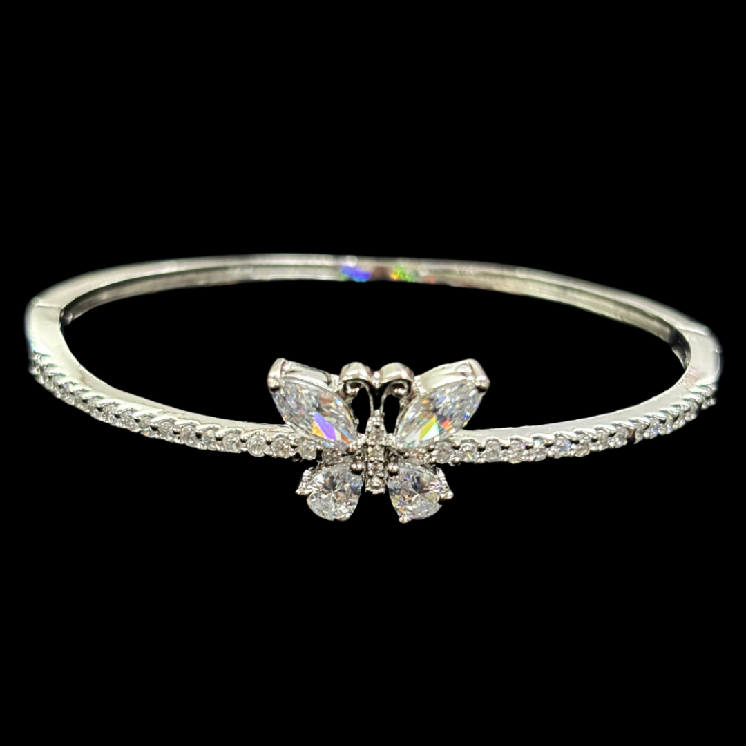 Silver Butterfly Bliss Rhodium-Plated Cubic Zirconia Bangle – Elegance in Motion