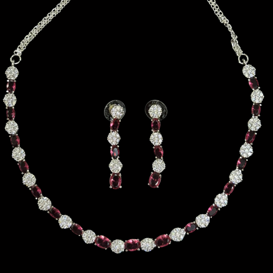 Red Ruby and Cubic Zirconia Rhodium-Plated Choker & Earrings Set