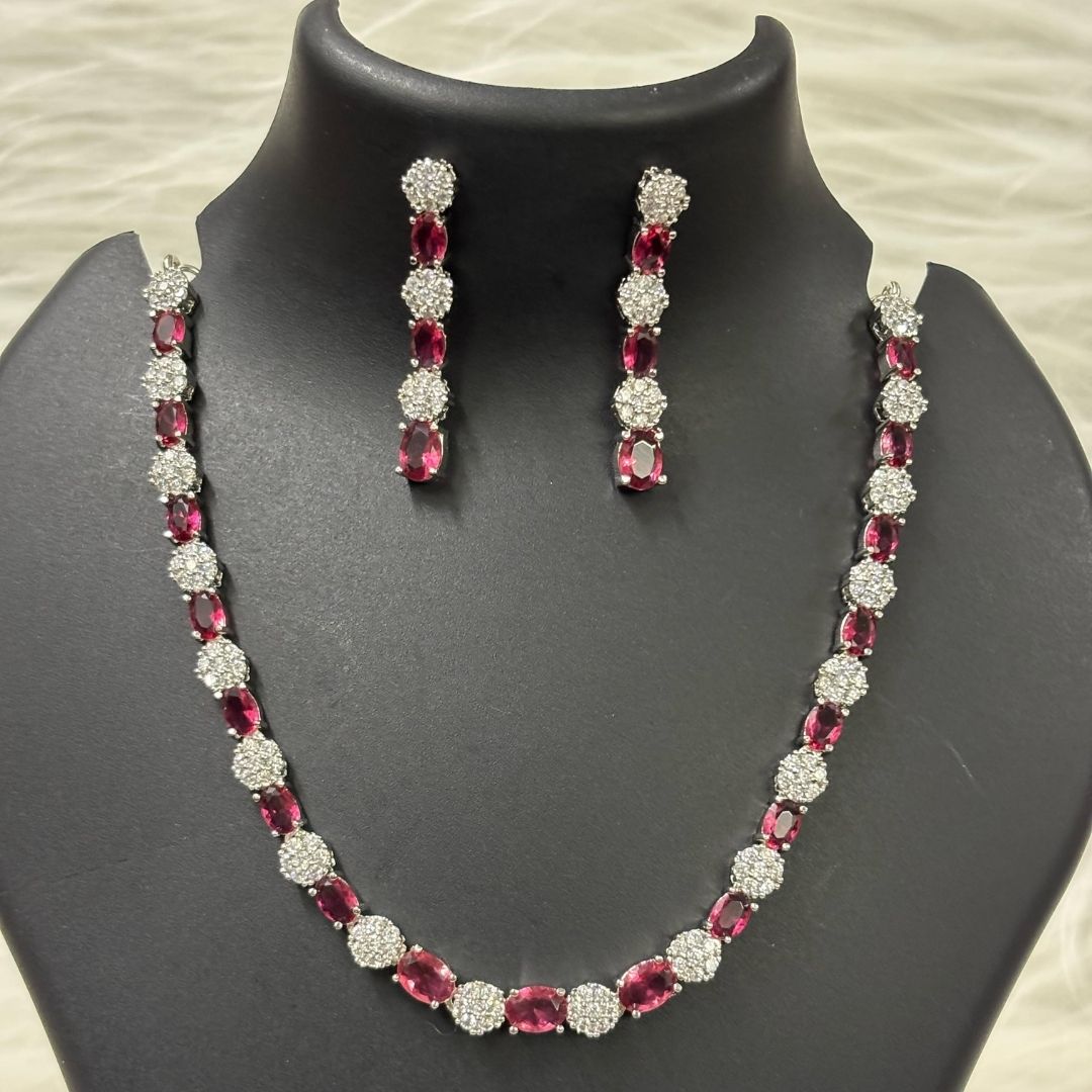 Red Ruby and Cubic Zirconia Rhodium-Plated Choker & Earrings Set