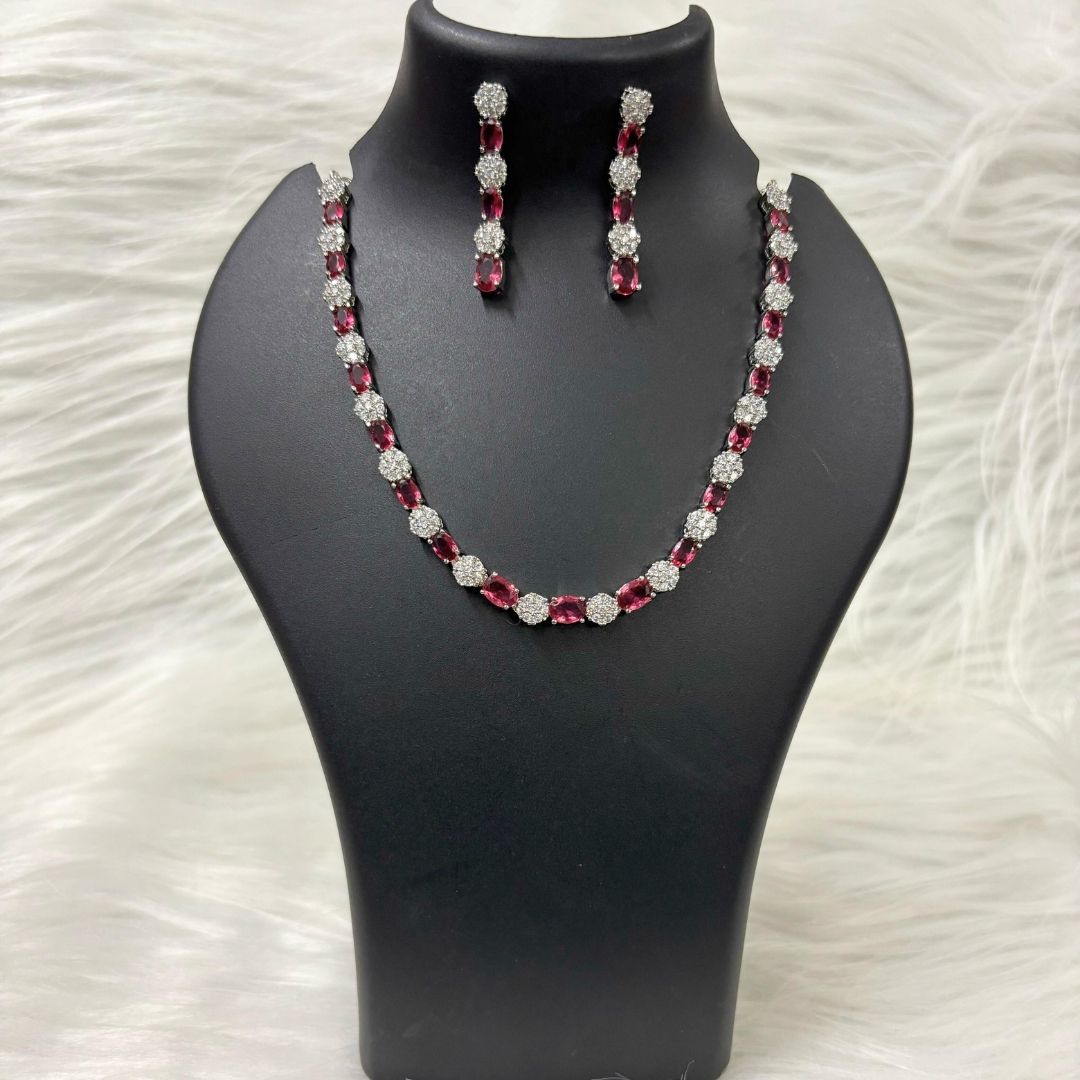 Red Ruby and Cubic Zirconia Rhodium-Plated Choker & Earrings Set