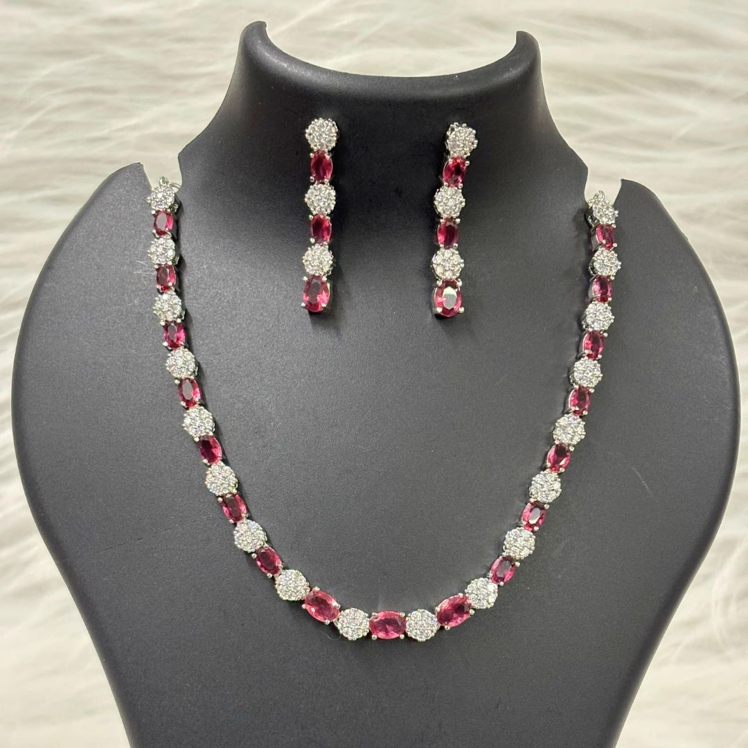 Red Ruby and Cubic Zirconia Rhodium-Plated Choker & Earrings Set