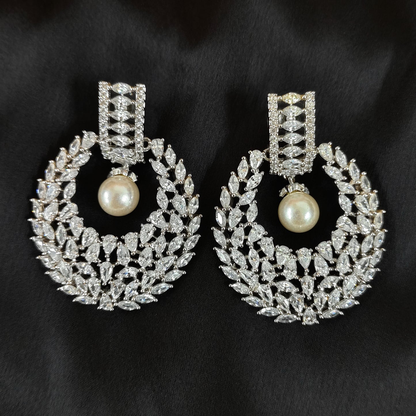 Bdiva Rhodium Plated Cubic Zirconia and Pearl Statement Earrings