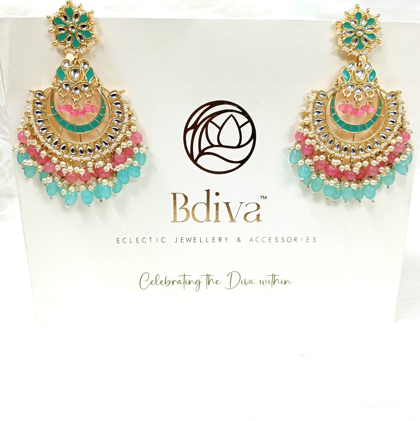 Bdiva 18K Gold Plated Kundan Rose Quarts Turquiose Chandbali Earrings
