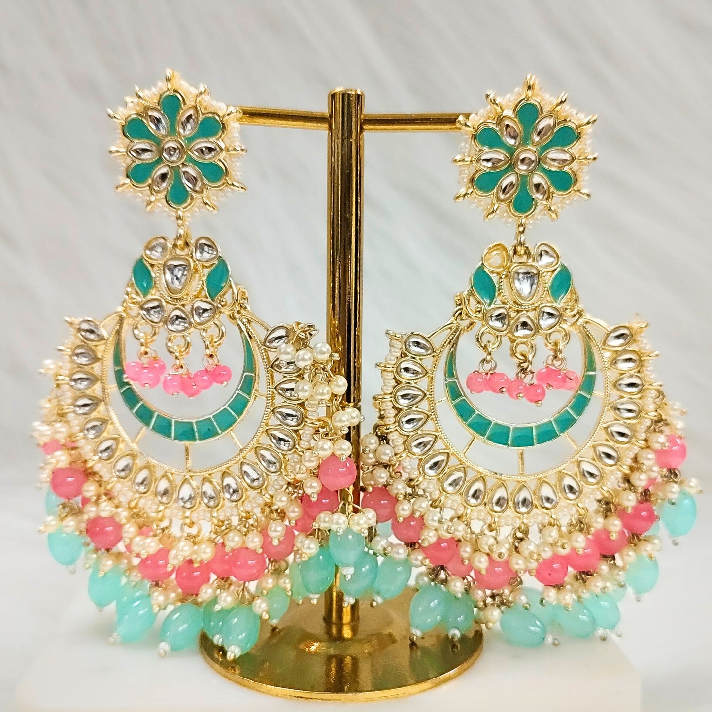 Bdiva 18K Gold Plated Kundan Rose Quarts Turquiose Chandbali Earrings